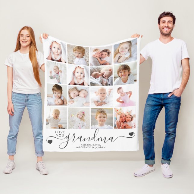 Personalised Handwritten Love You Grandma 16 Photo Fleece Blanket (In Situ)