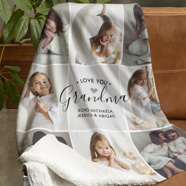 Personalised Handwritten Love You Grandma 8-Photo Sherpa Blanket (Creator Uploaded)