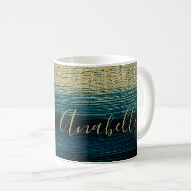 Personalised handwritten name gold glitter navy coffee mug (Front Right)