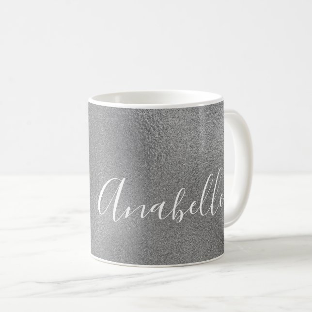 Personalised handwritten name silver grey glitter coffee mug (Front Right)