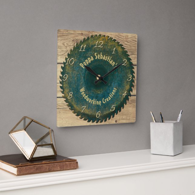 Personalised Handyman Woodworking Rustic Saw Blade Square Wall Clock (Office)