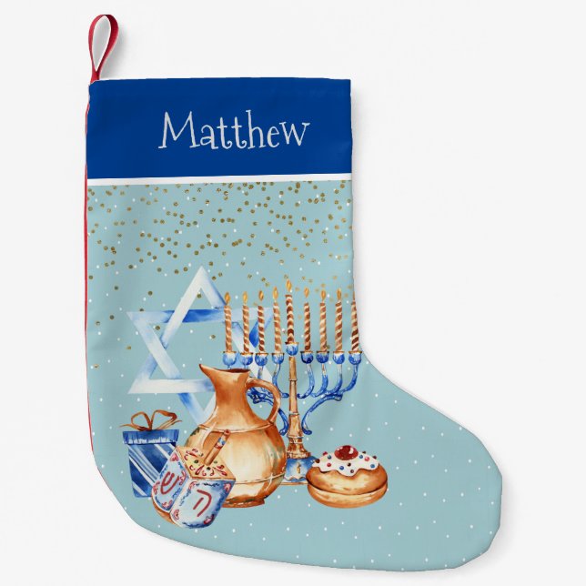 Personalised Hanukkah Menorah Watercolor Small Christmas Stocking (Front)