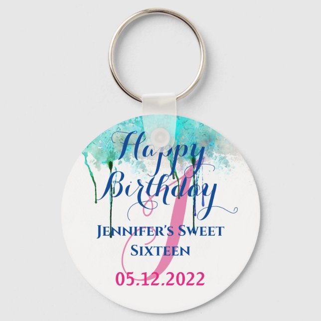 Personalised Happy 16 Birthday Sweet Sixteen party Key Ring (Front)