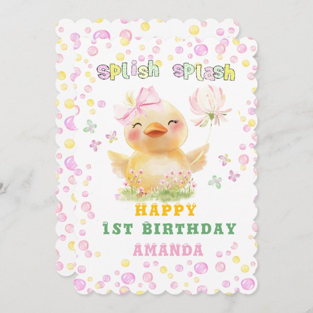 Personalised Happy 1st Birthday Rubber Duck Girl Invitation (Front/Back)