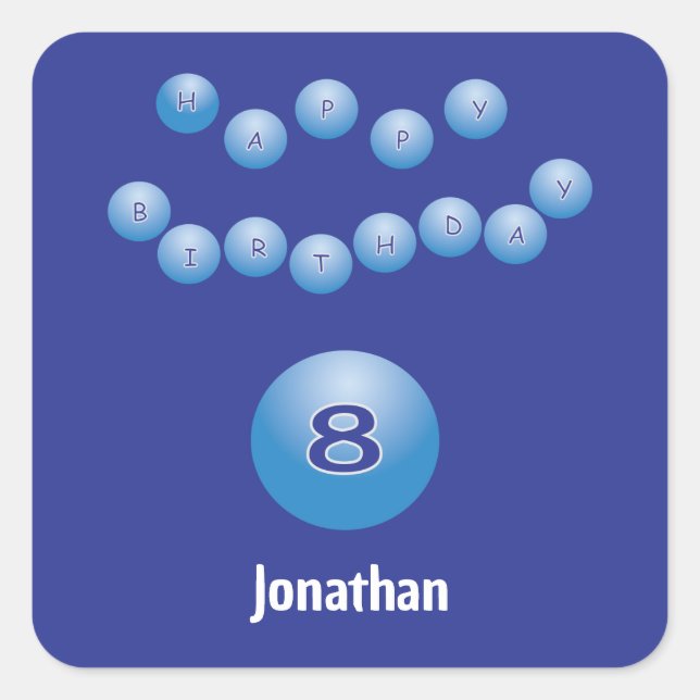 Personalised Happy 8th Birthday Bouncing Balls Square Sticker (Front)