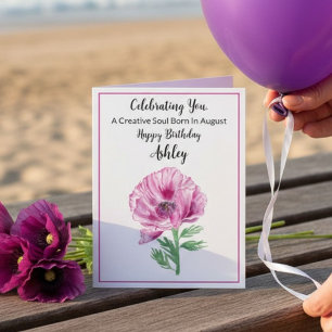 Personalised  Happy August Birthday Purple Poppy Card