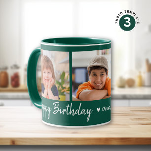 Personalised Happy Birthday 3 Photo Collage Green Mug