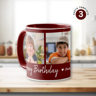 Personalised Happy Birthday 3 Photo Collage Maroon Mug