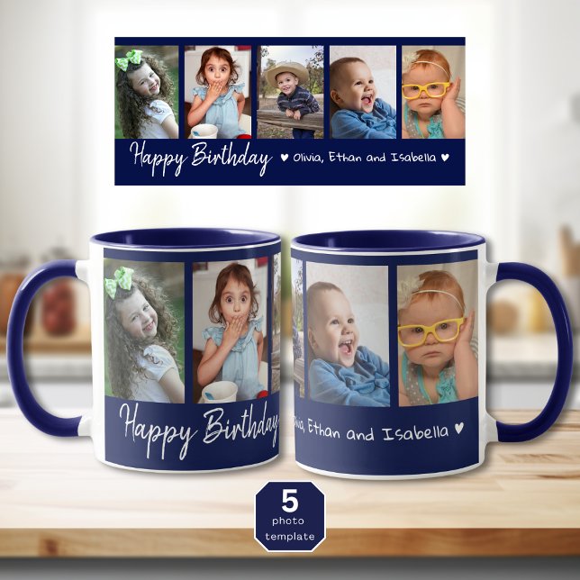 Personalised Happy Birthday 5 Photo Collage Blue Mug (Happy birthday mug with pictures)