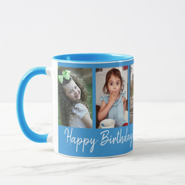 Personalised Happy Birthday 5 Photo Collage Blue Mug (Left)