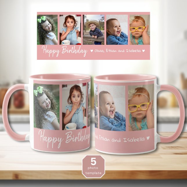 Personalised Happy Birthday 5 Photo Collage Pink Mug (Happy birthday mug with pictures )