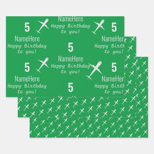 Personalised Happy Birthday Aeroplane Irish Green Wrapping Paper Sheet (Set)