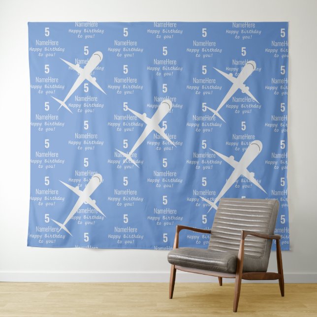 Personalised Happy Birthday Aeroplane Name Blue Tapestry (In Situ (Horizontal))