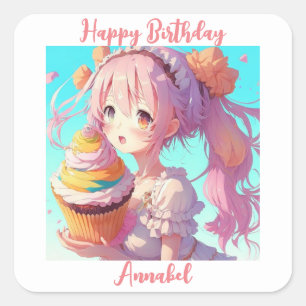 Personalised Happy Birthday Anime Girl Cupcake Square Sticker