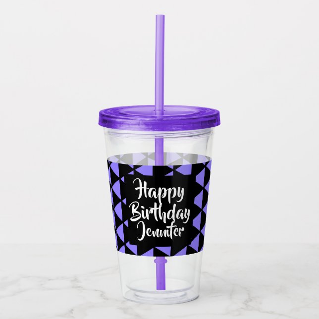 Personalised Happy Birthday Black Purple Acrylic Tumbler (Front)