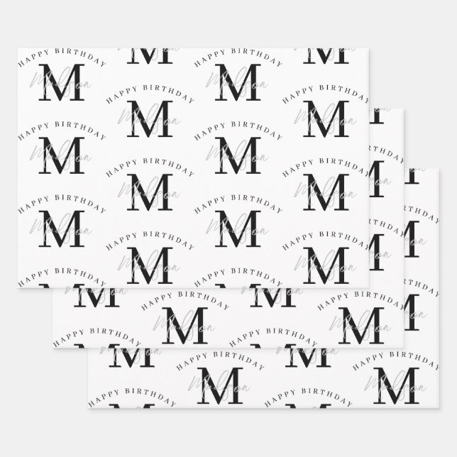 Personalised Happy Birthday Black White Monogram Wrapping Paper Sheet (Set)