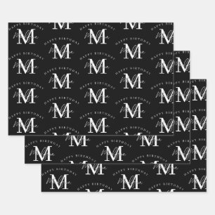Personalised Happy Birthday Black White Monogram Wrapping Paper Sheet