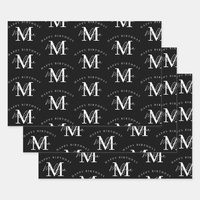 Personalised Happy Birthday Black White Monogram Wrapping Paper Sheet (Set)