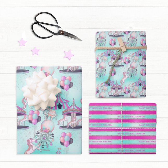 Personalised Happy Birthday Circus Wrapping Paper Sheet (Personalize this cute circus birthday themed wrapping paper with just a few clicks.)