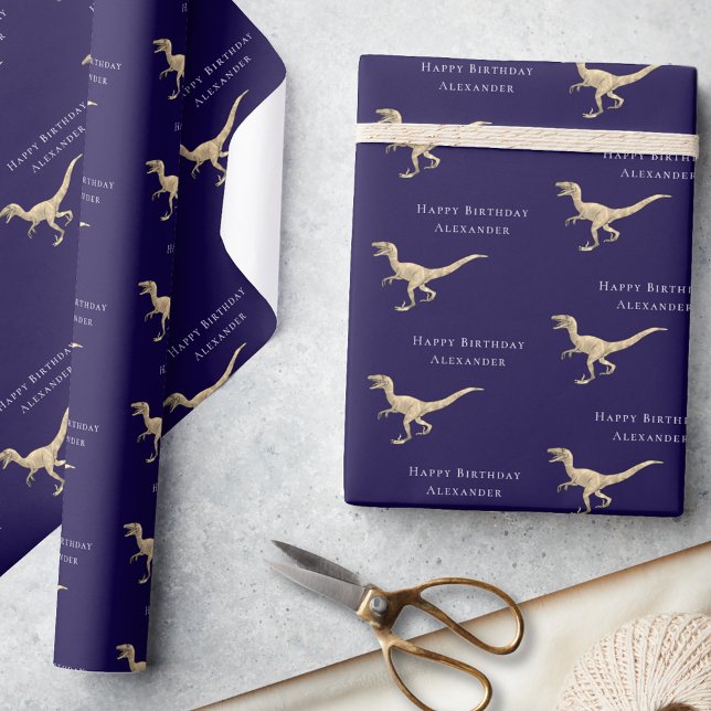Personalised Happy Birthday Dinosaur Navy Blue Wrapping Paper (Personalized boy name dinosaur navy blue happy birthday velociraptor gift wrapping paper raptor dino)