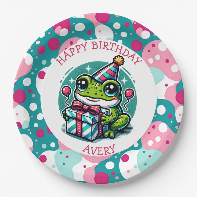 Personalised Happy Birthday | Frog Themed   Paper Plate (Front)
