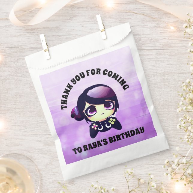 Personalised Happy Birthday Gaming Themed Purple Favour Bag (Clipped)