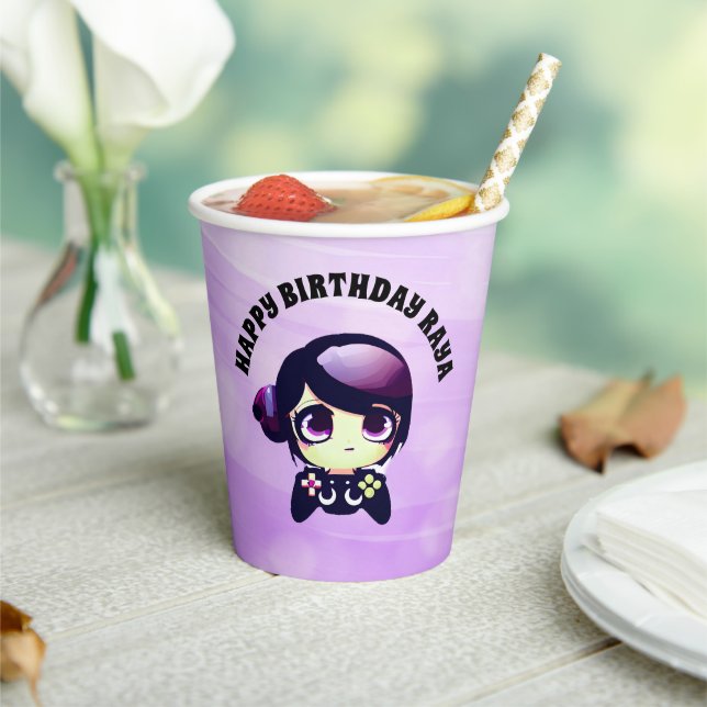 Personalised Happy Birthday Gaming Themed Purple Paper Cups (Insitu)