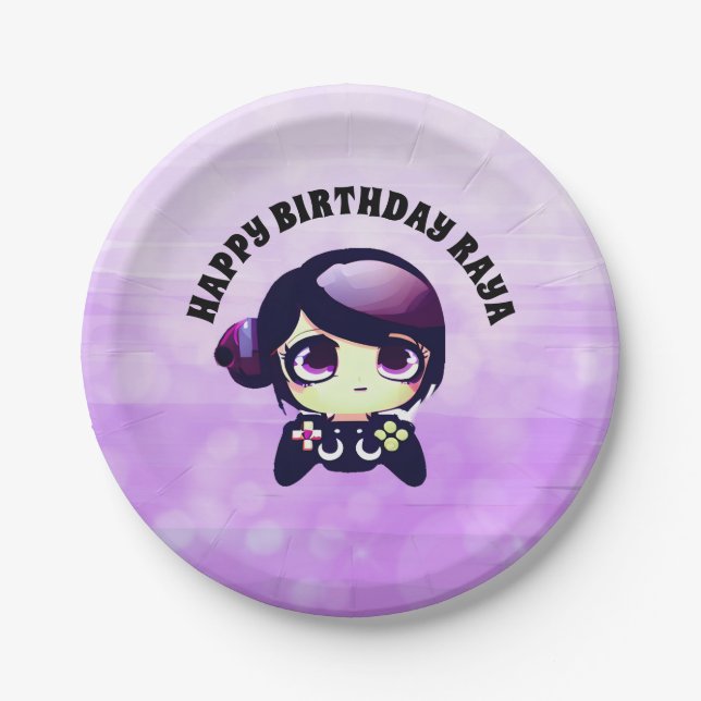 Personalised Happy Birthday Gaming Themed Purple Paper Plate (Front)