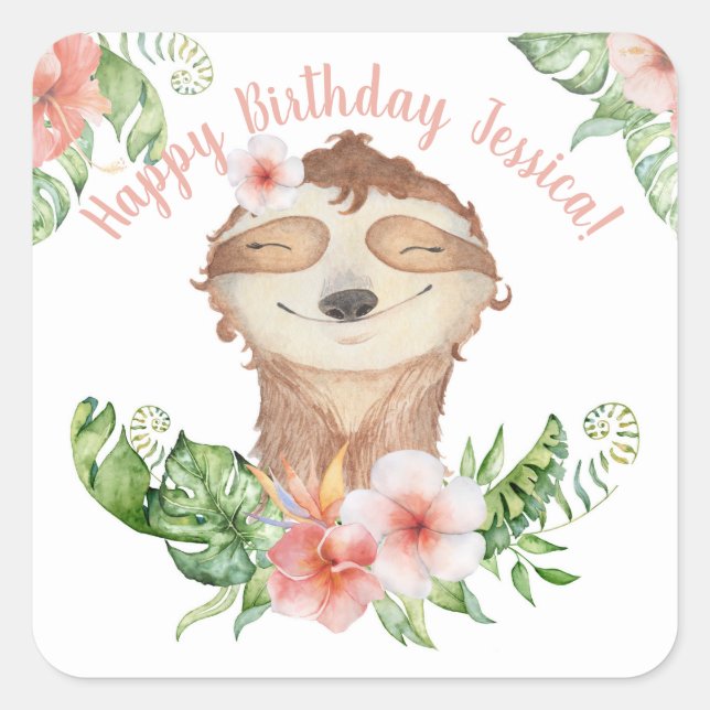 Personalised Happy Birthday girl name cute sloth Square Sticker (Front)