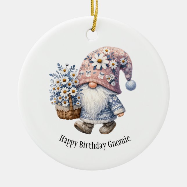 Personalised Happy Birthday Gnome Gift Her Ceramic Ornament (Front)