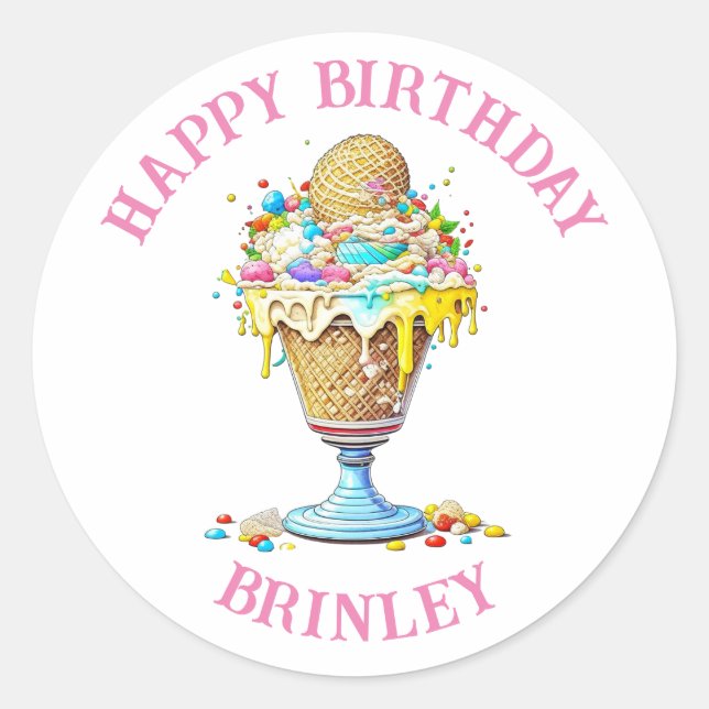Personalised Happy Birthday | Ice Cream Sundae Classic Round Sticker (Front)