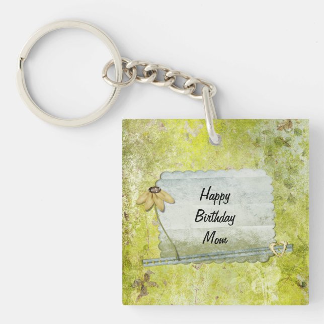 Personalised Happy Birthday Mum Flower Heart Key Ring (Front)