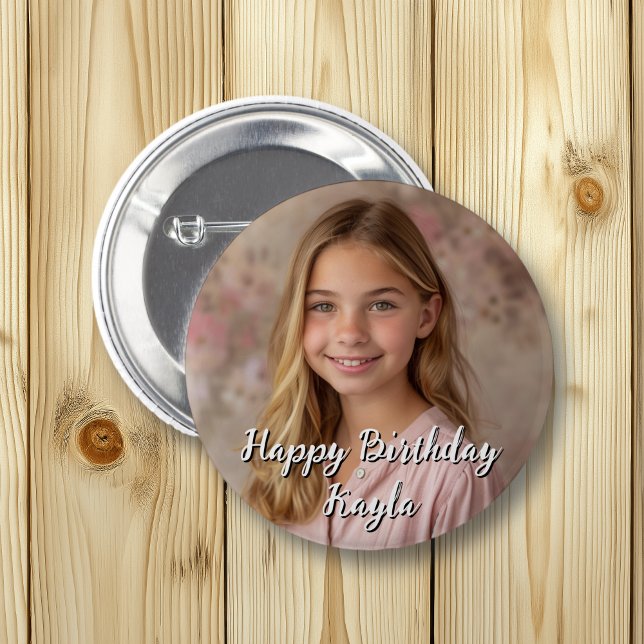 Personalised Happy Birthday Name and Photo 6 Cm Round Badge (Creator Uploaded)