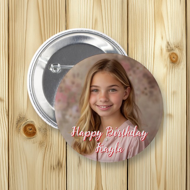 Personalised Happy Birthday Name and Photo 6 Cm Round Badge (Creator Uploaded)