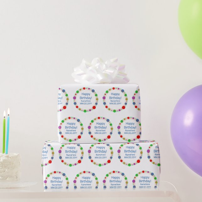 Personalised Happy Birthday Name Colourful Orbits Wrapping Paper (Party Gifts)