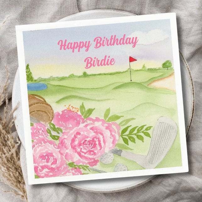 Personalised Happy Birthday Peonies On Golf Course Napkin (Creator Uploaded)