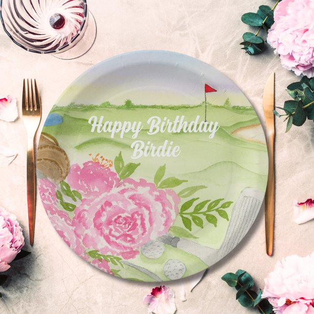 Personalised Happy Birthday Peonies On Golf Course Paper Plate (Creator Uploaded)