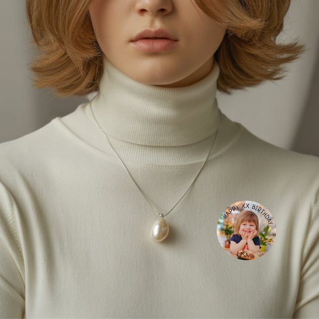 Personalised Happy Birthday Photo Name and Age 3 Cm Round Badge (Creator Uploaded)