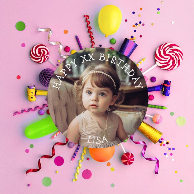 Personalised Happy Birthday Photo Name and Age 3 Cm Round Badge (Creator Uploaded)