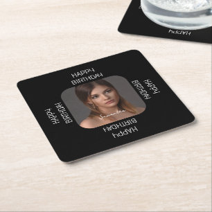 Personalised Happy Birthday Photo Name Script Square Paper Coaster
