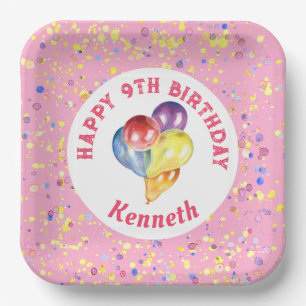 Personalised Happy Birthday Pink Confetti Balloon Paper Plate