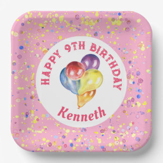 Personalised Happy Birthday Pink Confetti Balloon Paper Plate