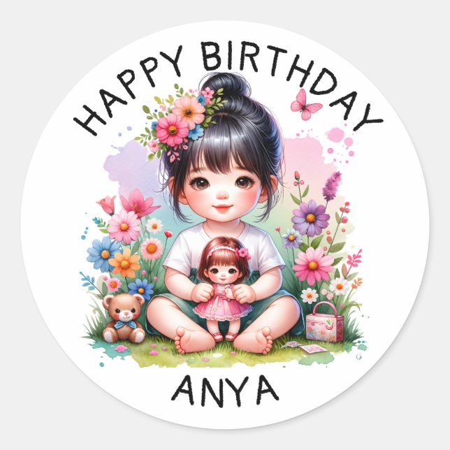 Personalised Happy Birthday | Pretty Asian Girl  Classic Round Sticker (Front)