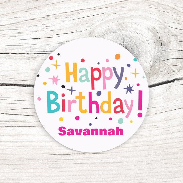  Personalised Happy Birthday Retro Classic Round Sticker (The perfect finishing touch for any personalized birthday celebration.)