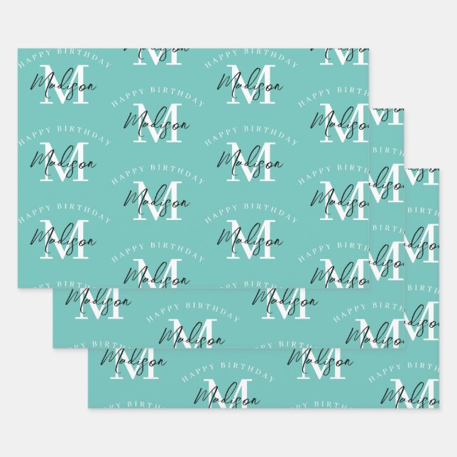 Personalised Happy Birthday Teal Monogram Wrapping Paper Sheet (Set)