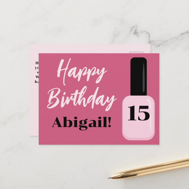 Personalised Happy Birthday Trend Pink Nail Polish Postcard (Front/Back In Situ)