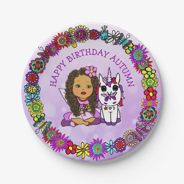 Personalised Happy Birthday Unicorn and Fairy Paper Plate (Front)