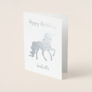 Personalised Happy Birthday Unicorn Silver Foil Card