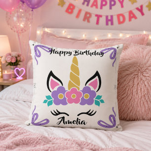 Personalised Happy Birthday Unicorn Throw Pillow