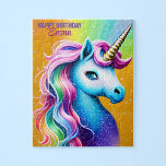 Personalised Happy Birthday Unicorn with Name Jigsaw Puzzle<br><div class="desc">Celebrate a special birthday with our vibrant and colourful unicorn jigsaw puzzle. This playful design features a portrait of a happy unicorn with blue eyes and a rainbow mane. Personalise the puzzle by adding a custom name in pretty cursive script and a happy birthday message. As you solve the puzzle,...</div>